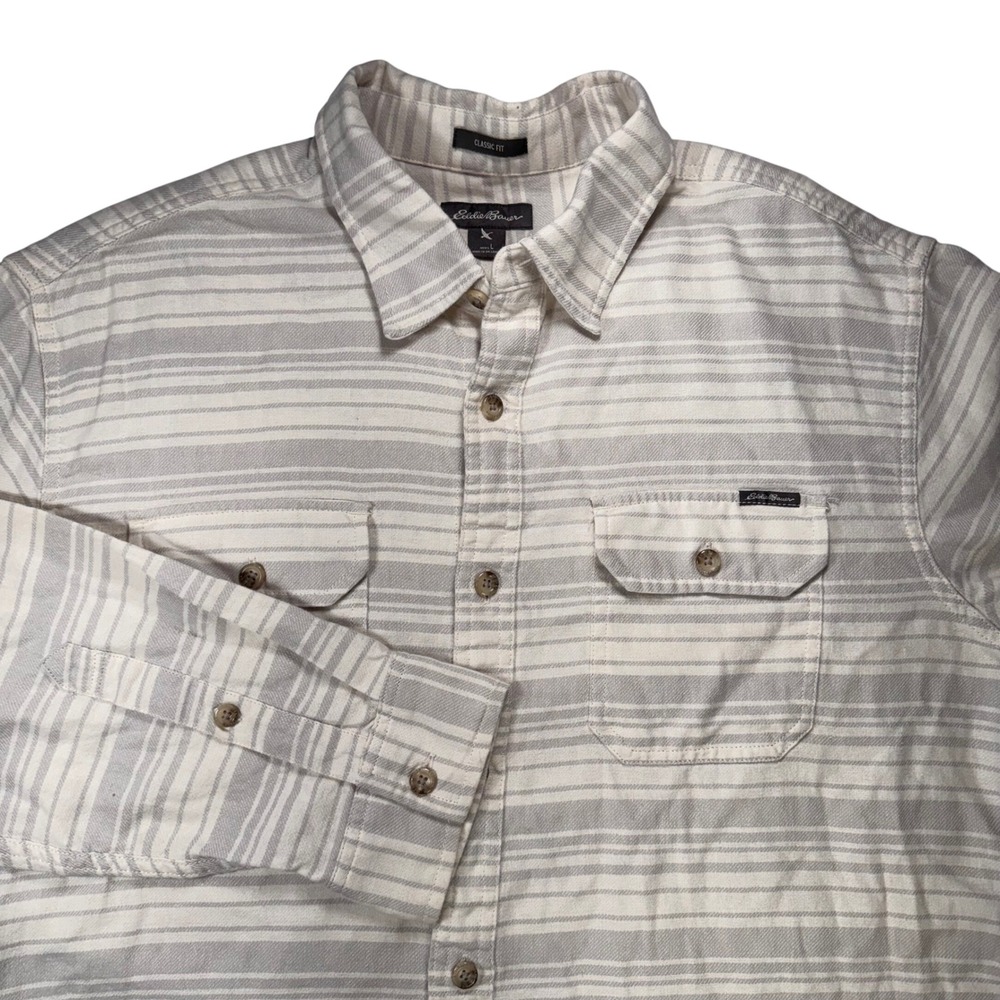 Eddie Bauer Mens Large Classic Fit Flannel‎ Shirt Grey White Striped Long Sleeve